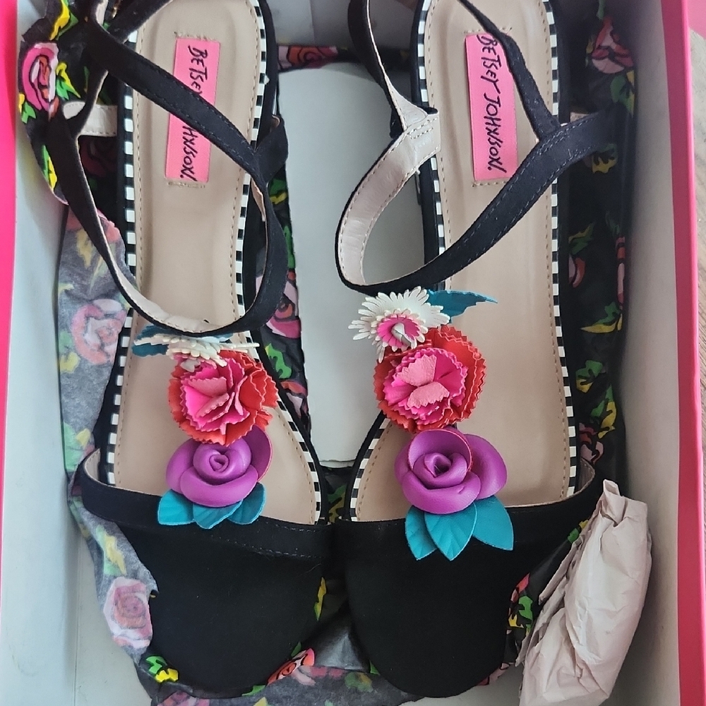 Betsey Johnson Black and Pink Floral Sandals